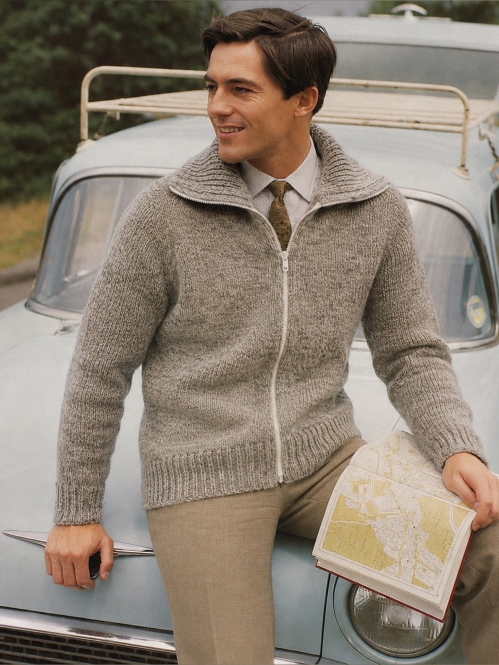VTG 50s 60s Sears Fieldmaster Men's Beige Full-Zip Wool Sweater, Size L